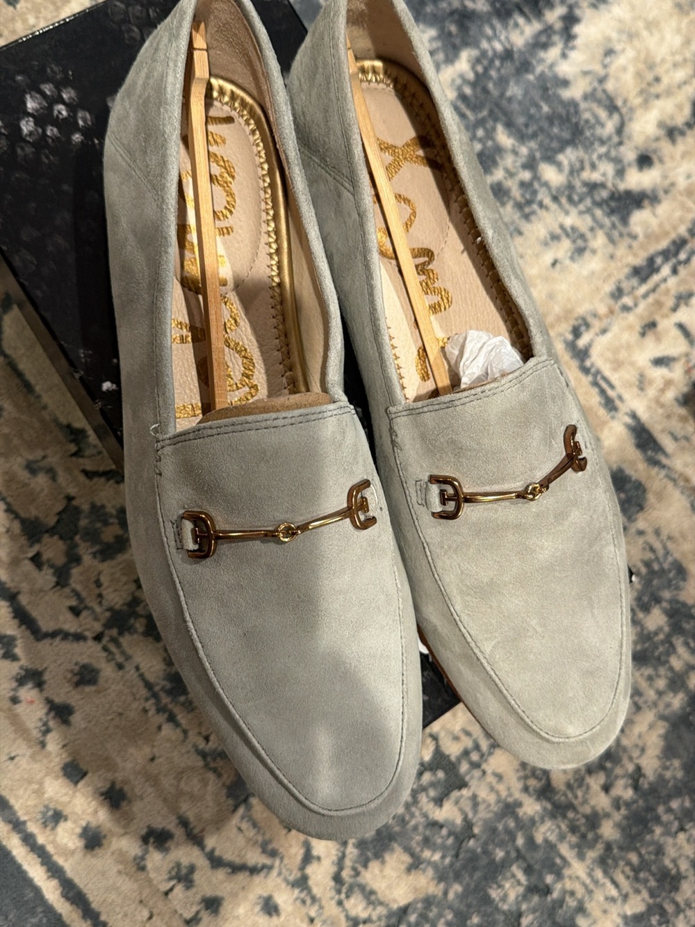 Sam Edelman Light Gray Suede Loafers with Gold Horsebit - Picture 4 of 6